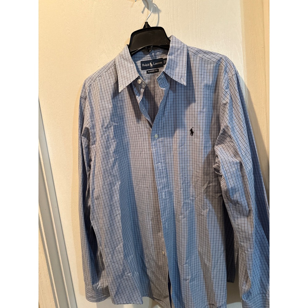 Ralph Lauren Mens Classic Fit Blue Plaid Long Sleeve Button Down Shirt 16.5 L